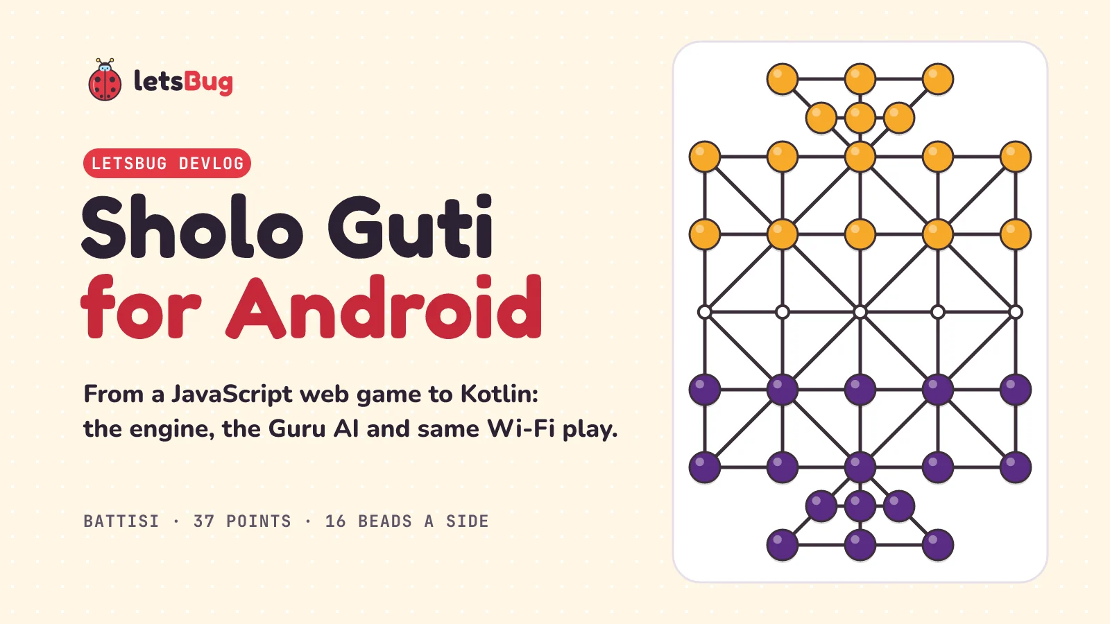 Battisi, Sholo Guti for Android: the 37-point board with 16 amber beads on top, 16 purple beads below and an empty middle row