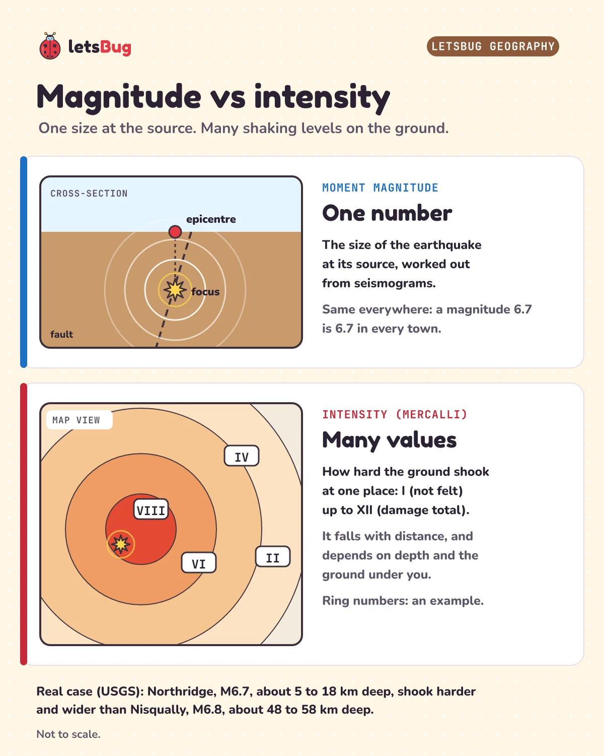 Magnitude vs intensity: a cross-section showing the focus underground and the epicentre above it, labelled magnitude, one number; and a map with rings of shaking around the epicentre, from VIII near it to II far away, labelled intensity, many values