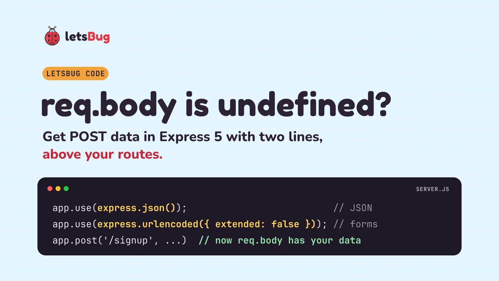 req.body is undefined in Express 5: add app.use(express.json()) and app.use(express.urlencoded({ extended: false })) before your routes