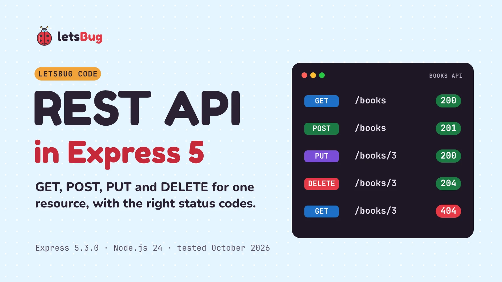 REST API in Express 5: GET, POST, PUT and DELETE requests to /books answered with status codes 200, 201, 204 and 404