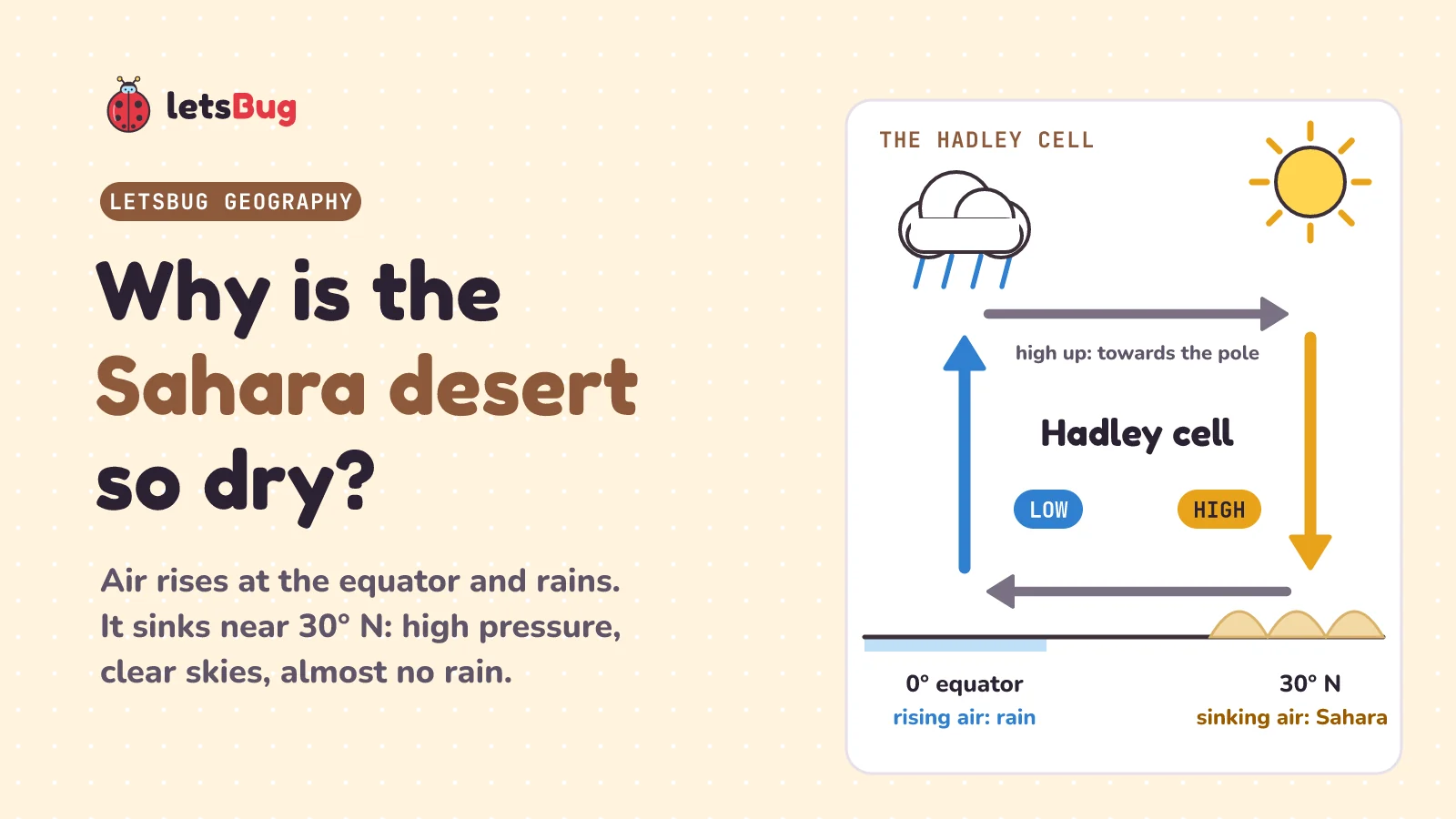 Why is the Sahara desert so dry? The Hadley cell: air rises at the equator, where a cloud rains on low pressure, flows high up towards the pole, and sinks near 30 degrees north, where the sun shines on the Sahara under high pressure, then flows back along the surface