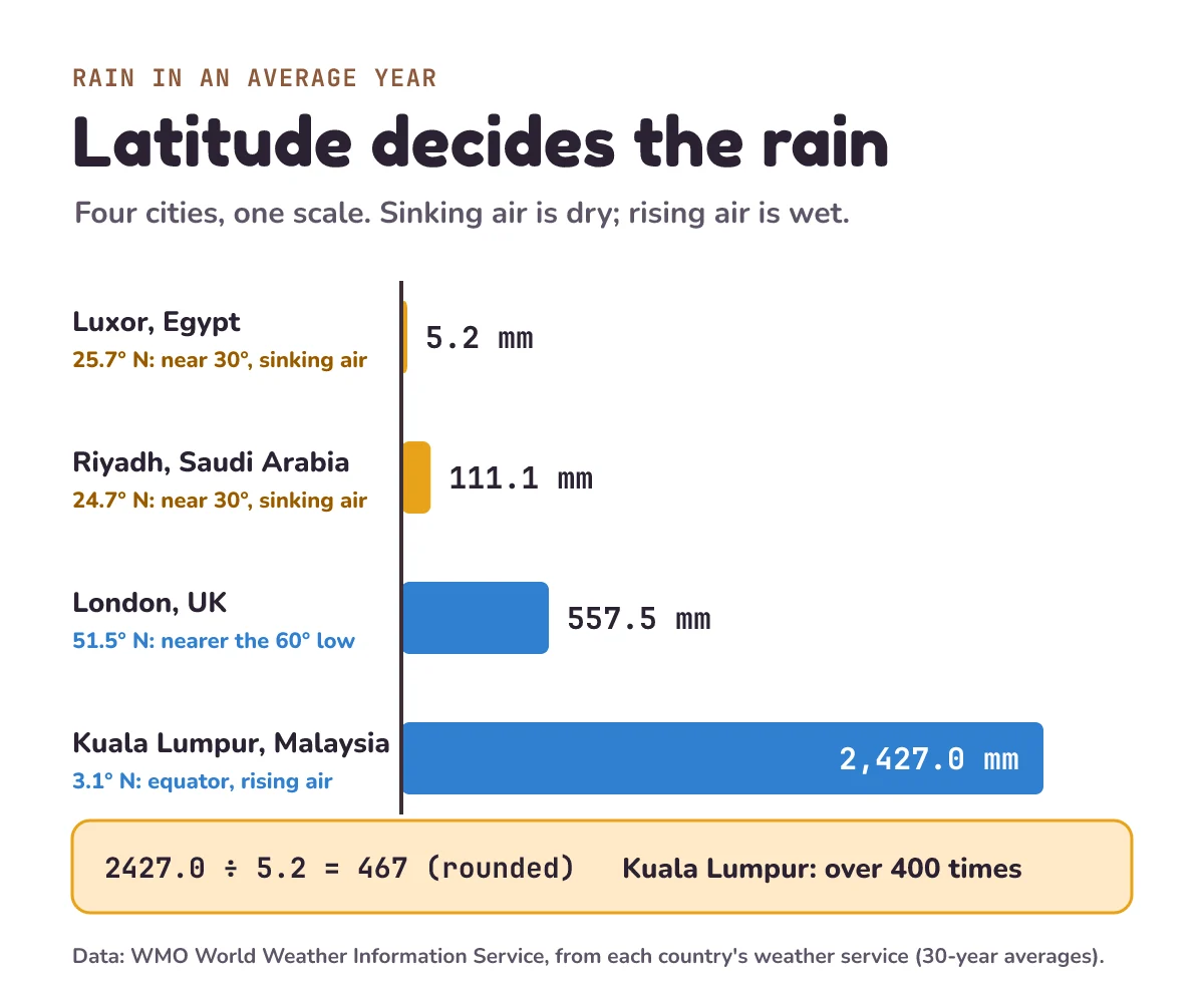 Rain in an average year, four cities on one scale: Luxor 5.2 mm and Riyadh 111.1 mm, both near 30 degrees under sinking air, in orange; London 557.5 mm, nearer the 60 degree low, and Kuala Lumpur 2,427.0 mm, at the equator under rising air, in blue. 2427.0 divided by 5.2 is 467, rounded: over 400 times