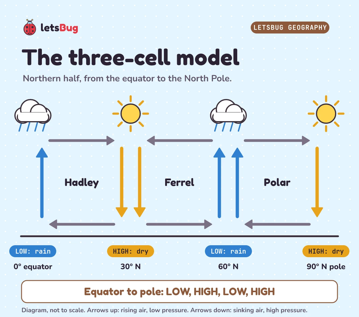 The three-cell model for the northern hemisphere. Hadley cell from the equator to 30 degrees, Ferrel cell from 30 to 60, Polar cell from 60 to 90. Blue arrows point up at the equator and at 60 degrees, labelled low pressure and rain. Orange arrows point down at 30 degrees and at the pole, labelled high pressure and dry. Banner: equator to pole, low, high, low, high
